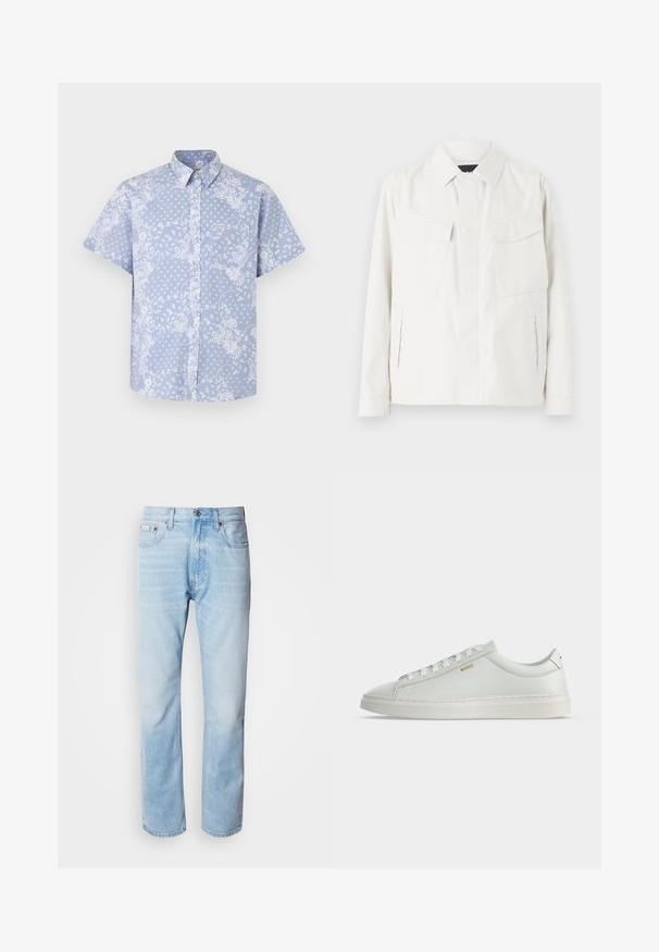 Camisa chaqueta ligera blanca con cuello, dos bolsillos frontales tipo parche, aberturas laterales y cierres de botones. Textura de tela suave.; Camisa de botones de manga corta en tela azul clara, con un patrón floral blanco y un bolsillo en el pecho con una etiqueta de logo.; Vaqueros de mezclilla azul claro con corte recto, con secciones desgastadas, diseño de cinco bolsillos y cierre de botones clásico.; Zapatilla blanca de cuero de corte bajo con cordones, suela plana y pequeño logo dorado "BOSS" en el lateral, vista desde el lado exterior.