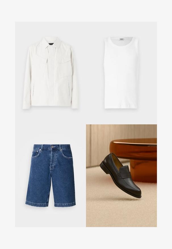 Witte lichtgewicht shirtjack met een kraag, twee voorpatchzakken, zijsplitten en knoopsluitingen. Gladde stoftextuur.; Witte katoenen mouwloze tanktop met een ronde halslijn en een gladde textuur. Eenvoudig ontwerp, geen patronen of accenten.; Donkerblauwe denim shorts met een rechte snit, twee voorzakken en een klassieke knoopsluiting. Gestikte zoom met lichte vervaging.; Zwarte leren loafer met lage hak zwevend boven een beige tapijt dichtbij een ronde bruine tafel.