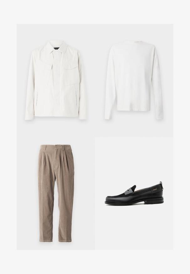 Camisa chaqueta ligera blanca con cuello, dos bolsillos frontales tipo parche, aberturas laterales y cierres de botones. Textura de tela suave.; Camisa de algodón blanca de manga larga con cuello redondo, aberturas laterales en la parte inferior y una textura suave, exhibida desde la parte de atrás.; Pantalones de pana beige con un ajuste relajado, que cuentan con pliegues, cierre de botón y bolsillos laterales, superficie texturizada y diseño de pierna cónica.; Mocasín de cuero negro con detalle de tira gris, tacón bajo y suela texturizada, con la marca "HUGO" en oro en el lateral.