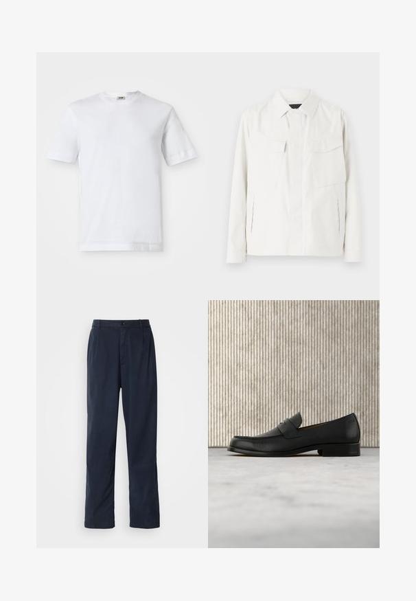 Witte lichtgewicht shirtjack met een kraag, twee voorpatchzakken, zijsplitten en knoopsluitingen. Gladde stoftextuur.; Witte katoenen t-shirt met korte mouwen, ronde hals en een soepele textuur. Geen patronen of accenten zichtbaar.; Navyblauwe broek van een katoenmix. Heeft een recht model, een sluiting met een voorste knoop en subtiele plooien. Gladde textuur.; Zwarte leren loafer zweeft boven een beige tapijt met op de achtergrond een glanzende, ronde, bruine tafel.