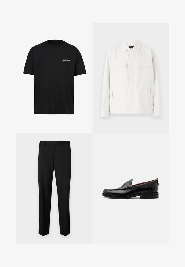 Veste légère blanche en tissu doux avec un col, deux poches plaquées à l'avant, fentes latérales et fermetures à boutons.; T-shirt en coton noir à manches courtes et col ras du cou. Présente un texte blanc "ALLSAINTS" et "LONDON" sur la partie gauche de la poitrine.; Pantalons noirs ajustés avec une coupe plate, taille standard et jambes droites. Fabriqués en tissu lisse, dotés d'une fermeture à un bouton.; Mocassin homme en cuir noir avec couture moc toe, bride penny, col texturé et petit talon empilé sur fond blanc.