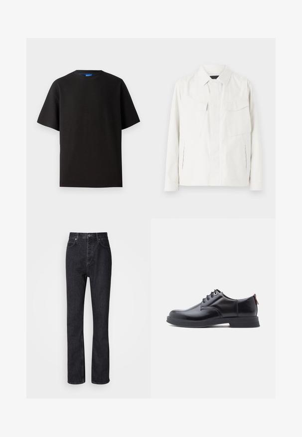Camisa chaqueta ligera blanca con cuello, dos bolsillos frontales tipo parche, aberturas laterales y cierres de botones. Textura de tela suave.; Camiseta negra de manga corta, cuello redondo, hecha de tejido de canalé. Presenta un ajuste relajado y una sutil etiqueta de marca azul en el interior del cuello.; Jeans de mezclilla negros de cintura alta con cierre de botón y cremallera, bolsillos frontales y traseros, y corte recto.; Zapatos de piel negra con cordones, textura lisa, puntera redondeada y detalles sutiles de costura. Cuentan con una lengüeta roja en el talón.