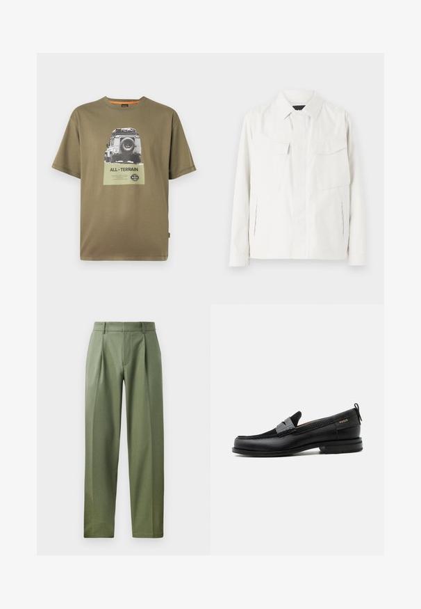 Veste légère blanche en tissu doux avec un col, deux poches plaquées à l'avant, fentes latérales et fermetures à boutons.; T-shirt en coton vert à manches courtes, arborant un imprimé graphique d'un véhicule avec le texte "TOUT-TERRAIN" sur un patch carré.; Pantalons sur mesure en tissu vert olive avec une texture lisse, présentant deux plis avant, des passants de ceinture et une coupe droite.; Mocassin en cuir noir avec détail de bride grise, talon bas et semelle texturée, marqué "HUGO" en or sur le côté.