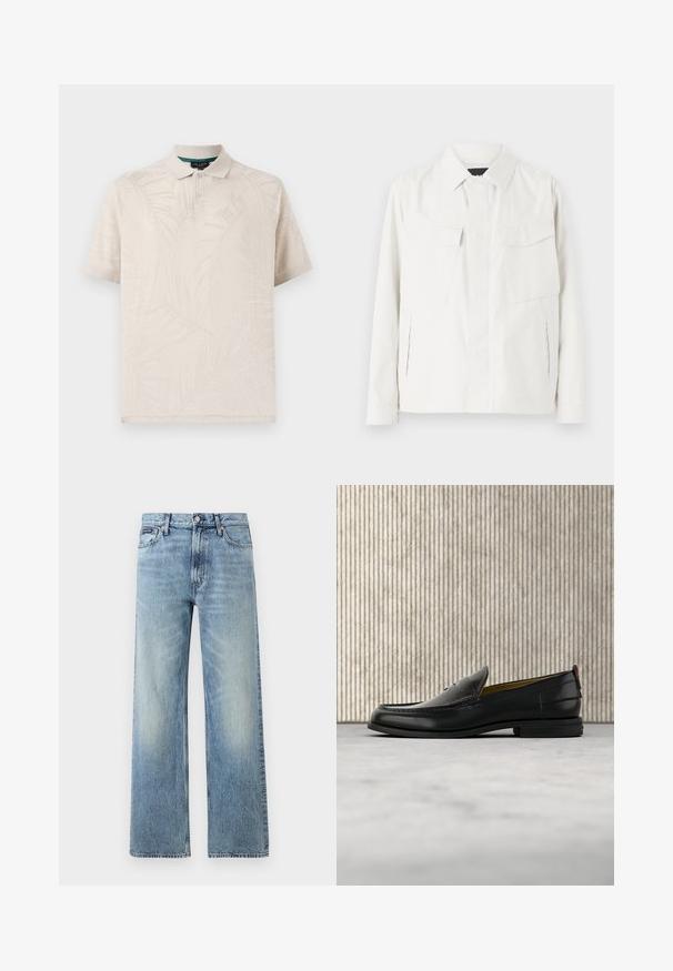Camisa chaqueta ligera blanca con cuello, dos bolsillos frontales tipo parche, aberturas laterales y cierres de botones. Textura de tela suave.; Polo beige hecho de una tela texturizada que presenta un sutil patrón de hojas de palma. Tiene un cuello clásico y dos botones en el cuello.; Vaqueros de mezclilla azul claro de corte recto con cintura alta, cinco bolsillos, cierre de botón y sutil desgaste en los muslos y las rodillas.; Mocasín de cuero negro para hombre con empeine grabado en relieve de cocodrilo y tacón bajo, mostrado de perfil sobre un fondo neutro.