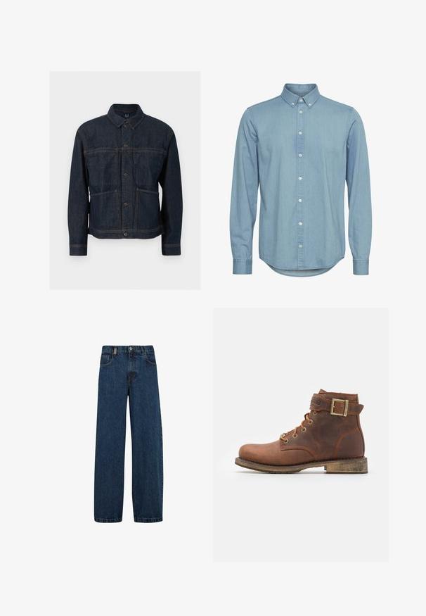 Chaqueta vaquera azul oscuro con cierre de botones, dos bolsillos delanteros y cuello clásico, mostrada sobre un fondo blanco.; Camisa de mezclilla azul claro con cuello abotonado, mangas largas y dobladillo curvado. Presenta una tapeta delantera con botones blancos.; Vaqueros de mezclilla en azul oscuro, con un corte de pierna ancha, diseño de cinco bolsillos y un cierre clásico de botón con cremallera de metal.; Harley Davidson VNTGMOTO SHORT RIDING APPROVED - Botines camperos - brown