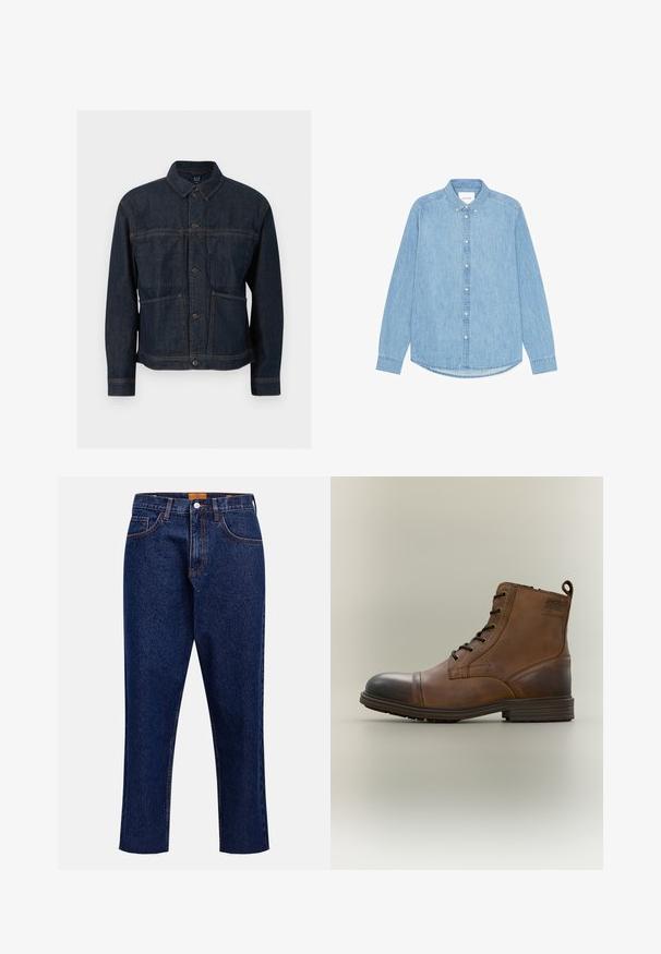 Mørkeblå denimjakke med knaplukning, to forlommer og en klassisk krave, vist mod en hvid baggrund.; Lyseblå denimskjorte med knapper, lange ærmer, spidst krave og afrundet kant. Har knaplukning foran og lille logodetalje.; Mørkeblå denimjeans med lige snit, høj talje, fem lommer og frynset kant. Kontrastsyning og detalje med knaplukning.; Brun læderstøvle med snørebånd, sort tåhætte, rund sål og mærket detalje på siden mod ensfarvet baggrund.
