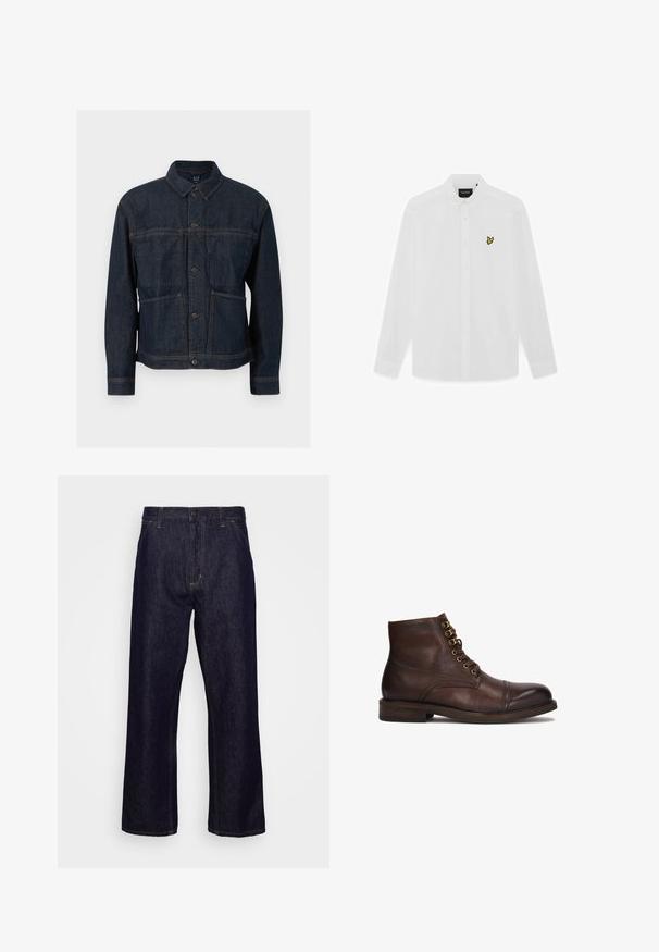 Dunkelblaue Denimjacke mit Knopfverschluss, zwei Vordertaschen und klassischem Kragen, vor weißem Hintergrund dargestellt.; Weißes, langärmeliges Hemd mit Knopfleiste, umgeklapptem Kragen und kleinem gelbem Vogel-Logo auf der linken Brustseite.; Dunkelblaue gerade geschnittene Jeans aus Denim mit vorderen Taschen, Gürtelschlaufen, Reißverschluss und Knopfverschluss, präsentiert vor einem schlichten weißen Hintergrund.; Kazar CYMONN - Schnürstiefelette - brown