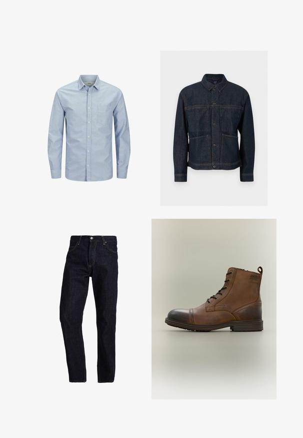 Chaqueta vaquera azul oscuro con cierre de botones, dos bolsillos delanteros y cuello clásico, mostrada sobre un fondo blanco.; Camisa de botones de manga larga azul claro con un bolsillo en el pecho izquierdo. Hecha de una tela suave con una textura lisa y un sutil detalle de logo.; Vaqueros de mezclilla azul oscuro con un corte recto, que presentan costuras amarillas, cinco bolsillos y un cierre clásico de botón y cremallera.; Bota de cuero marrón con cordones hasta el tobillo, puntera negra, suela redonda y detalle de marca en el lateral sobre un fondo liso.
