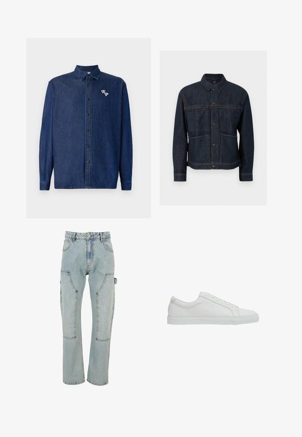 Mørkeblå denimjakke med knaplukning, to forlommer og en klassisk krave, vist mod en hvid baggrund.; Mørkeblå denimskjorte med knappelukning foran, lange ærmer og spids krave. Har en hvid broderet "RP"-logo.; Lyseblå denim cargobukser med flere lommer, løs pasform og robust syning. Har knaplukning og bred benkonstruktion.; Reiss REGULAR FIT - LUCA TUMBLED - Sneakers - white