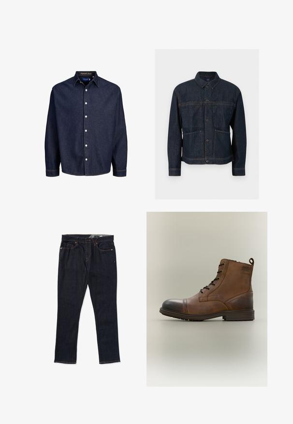 Dunkelblaue Denimjacke mit Knopfverschluss, zwei Vordertaschen und klassischem Kragen, vor weißem Hintergrund dargestellt.; Dunkelblaune Jeanshemd mit Knopfleiste, langen Ärmeln und klassischem Kragen, mit weißen Knöpfen und kontrastierenden Nähten.; Dunkelblaue Jeans mit geradem Bein, orangenem Nähten, Fünf-Taschen-Design und klassischem Knopf- und Reißverschluss.; Brauner Leder-Schnürstiefel bis zum Knöchel mit schwarzer Zehenkappe, runder Sohle und Markenlabel an der Seite vor schlichtem Hintergrund.