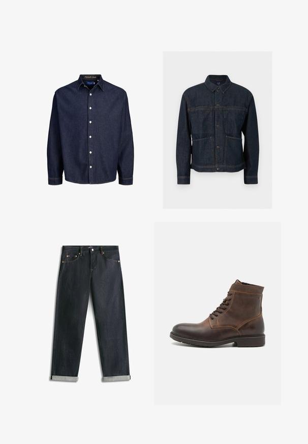 Mørkeblå denimjakke med knaplukning, to forlommer og en klassisk krave, vist mod en hvid baggrund.; Mørkeblå denimskjorte med knaplukning foran, lange ærmer og klassisk krave, med hvide knapper og kontrasterende syninger.; Mørkeblå denimjeans med opsmøgede bukseben, fem lommer og kontrastsyning, lagt fladt på en hvid baggrund.; Jack & Jones JFWDELANEY BOOT - Snørestøvletter - cognac