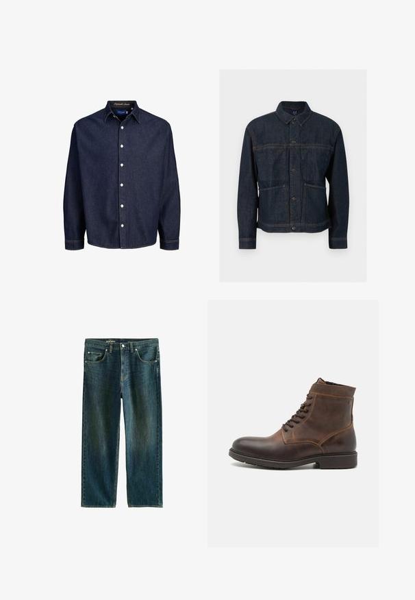 Dunkelblaue Denimjacke mit Knopfverschluss, zwei Vordertaschen und klassischem Kragen, vor weißem Hintergrund dargestellt.; Dunkelblaune Jeanshemd mit Knopfleiste, langen Ärmeln und klassischem Kragen, mit weißen Knöpfen und kontrastierenden Nähten.; Dunkelblaue Jeans mit geradem Bein, fünf Taschen, Metallnieten und einem Knopfverschluss in der Taille.; Jack & Jones JFWDELANEY BOOT - Schnürstiefelette - cognac