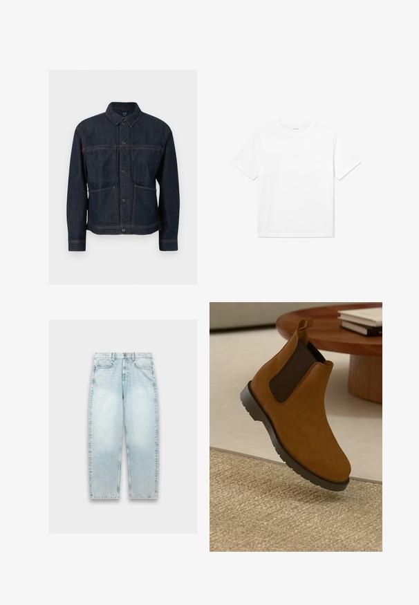 Mørkeblå denimjakke med knaplukning, to forlommer og en klassisk krave, vist mod en hvid baggrund.; Hvid bomulds T-shirt med korte ærmer, rund halsudskæring og lige kant. Glat tekstur uden synlige mønstre eller accenter.; Lyseblå denimjeans med løs pasform, lige ben, falmet tekstur, fem-lomme design og metalknaplukning i taljen.; Brune læder Chelsea støvle med sorte elastiske sidelapper, rund tå, tekstureret gummisål og et lille trækstykke bagpå.