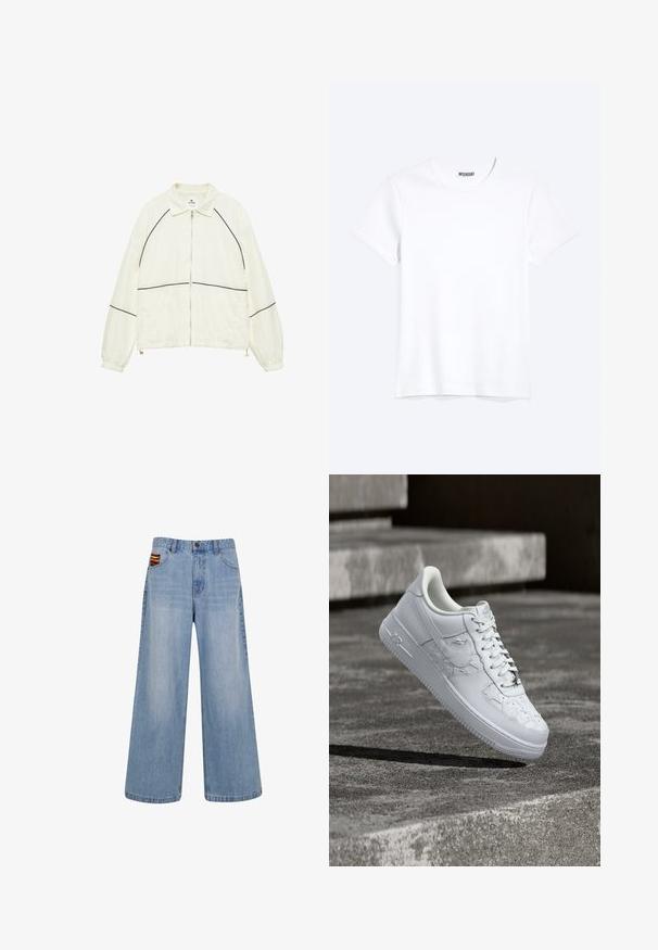 Hvid lynlåstrøje med sorte buede og vandrette detaljer, lange ærmer med elastiske manchetter og en klassisk krave.; Enkelt hvid T-shirt med korte ærmer og rund hals med synligt WEEKDAY-mærke i kraven, vist på en lys baggrund.; Lyseblå vide jeans med høj talje og en lille farverig vævet detalje, der stikker frem fra den højre forlommer.; Hvid Nike Air Force 1 sneaker med prægede stjernemønstre og en metallisk stjerne snørebåndsvedhæng, der svæver over en betongulv.