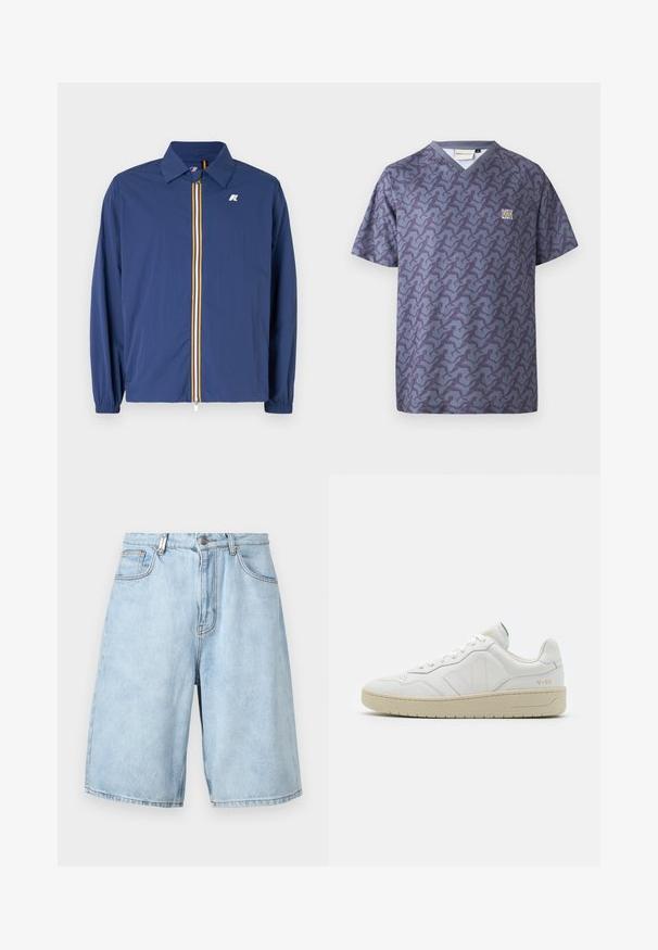 Marineblå letvægtsjakke med krave, frontlynlås med flerfarvede striber og elastiske manchetter for en tæt pasform.; Cleptomanicx RELAY - T-shirts print - nightshadow blue; Lys blå denimshorts med løs pasform, der har to forlommer, lynlås og synlige stikninger.; Hvide lædersneakers med struktureret overflade og polstret krave. Har en beige gummisål og diskret branding på hælen og siden.
