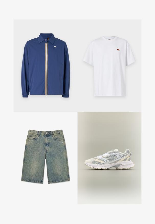 Chaqueta ligera de color azul marino con cuello tipo solapa, cremallera frontal con rayas multicolores y puños elásticos para un ajuste ceñido.; Camiseta de algodón blanca con mangas cortas y cuello redondo. Un pequeño logo multicolor está bordado en el lado izquierdo del pecho.; Pantalones cortos de mezclilla azul claro con un acabado desteñido, bolsillos delanteros, trabillas para cinturón, cierre de botón y logotipo "PEGADOR" en el bolsillo delantero derecho.; Zapatilla deportiva blanca con paneles de malla gris, superposiciones texturizadas, un collar acolchado y una suela de goma con pequeños picos de tracción.