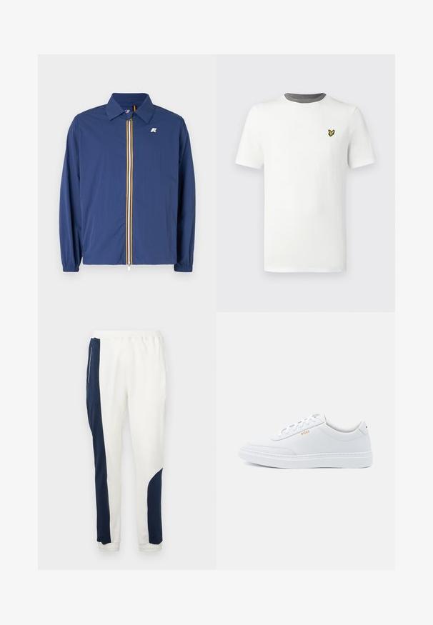 Chaqueta ligera de color azul marino con cuello tipo solapa, cremallera frontal con rayas multicolores y puños elásticos para un ajuste ceñido.; Camiseta blanca de algodón con cuello redondo, mangas cortas y ribete gris en el cuello; presenta un pequeño logotipo bordado en amarillo en el pecho.; Pantalones de chándal blancos con paneles laterales en azul marino y puños elásticos, fabricados en un tejido suave con una textura lisa y una cintura con cordón.; Zapatillas de cuero blanco con textura suave, puntera redondeada y costuras tonales. Cuentan con cordones azules y un logo dorado en el lateral.