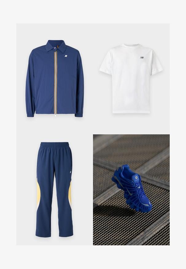 Marineblaue, leichte Jacke mit Kragen, Frontreißverschluss, der mehrfarbige Streifen aufweist, und elastischen Bündchen für eine perfekte Passform.; Weißes T-Shirt mit kurzen Ärmeln und Rundhalsausschnitt mit kleinem schwarzem New Balance-Logo auf der oberen linken Brust auf einem einfarbigen hellen Hintergrund.; Marineblaue Sporthosen mit elastischem Bund. Mit gelben und weißen geschwungenen Akzenten an den Seiten. Weicher, glatter Stoff.; Blaue Sportschuh mit einem Obermaterial aus Netzgewebe, strukturiertem Design und einer markanten Sohle, die über ausgeprägte Dämpfungselemente und reflektierende Akzente verfügt.