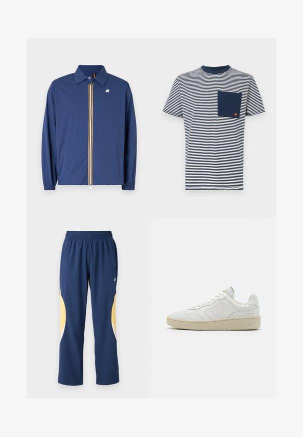 Chaqueta ligera de color azul marino con cuello tipo solapa, cremallera frontal con rayas multicolores y puños elásticos para un ajuste ceñido.; Ellesse HIRST TEE - Camiseta estampada - navy; Pantalones deportivos azul marino con una cinturilla elástica. Presentan acentos curvados en amarillo y blanco a los lados. Tejido suave y liso.; Zapatillas blancas de cuero con un acabado texturizado y cuello acolchado. Cuentan con una suela de goma beige y un sutil logotipo en el talón y el lado.