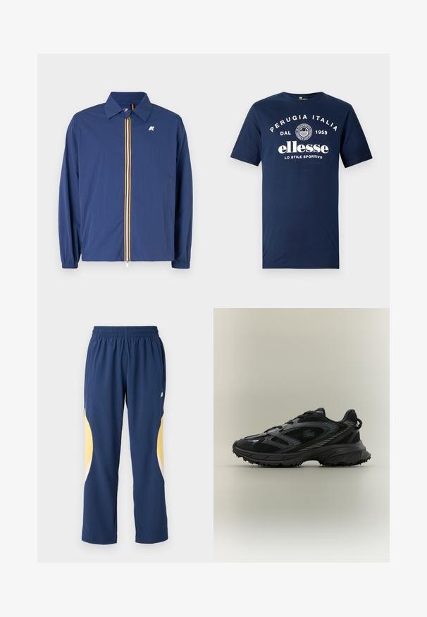 Chaqueta ligera de color azul marino con cuello tipo solapa, cremallera frontal con rayas multicolores y puños elásticos para un ajuste ceñido.; Camiseta de algodón azul marino con impresión blanca que dice "PERUGIA ITALIA DAL 1959" y "ellesse LO STILE SPORTIVO" en el frontal. Mangas cortas.; Pantalones deportivos azul marino con una cinturilla elástica. Presentan acentos curvados en amarillo y blanco a los lados. Tejido suave y liso.; Zapatilla deportiva negra con paneles de malla, suela texturizada, cordones y una silueta curvada con acentos plateados en los laterales.