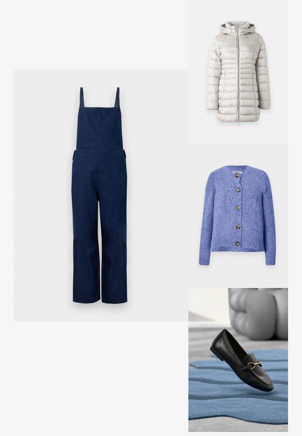 Helle graue Daunenjacke mit horizontalen Nähten, Kapuze und einem Frontreißverschluss. Hohe Geschmeidigkeit mit leicht glänzender Oberfläche.; Marineblaues Denim-Overall mit weit ausgestellten Beinen, verstellbaren Trägern und Seitentaschen, das durch ein schlichtes, minimalistisches Design und eine glatte Textur besticht.; Strickcardigan in Lila mit rundem Ausschnitt, langen Ärmeln und Knopfleiste. Verfügt über fünf dunkelgoldene Knöpfe und eine strukturierten Oberfläche.; Schwarzer Lederloafer mit goldener Schnallendetail, schwebend über einem strukturierten blauen Teppich, im Hintergrund unscharfes weiches graues Kissen.