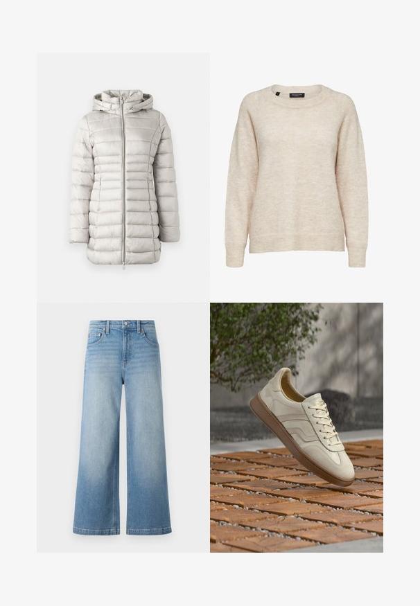 Lysegrå pufferjakke med horisontale syninger, hætte og en frontlynlås. Glat tekstur med en let blank finish.; Beige langærmet sweater i uldblanding med rund halsudskæring, ribkant ved manchetter og kant, medium størrelse, label med teksten "Selected Femme."; Lyseblå denim bredbenede jeans med høj talje, fem-lomme design, synlig syning og knappelukning foran.; Sneakers i cremefarve med en struktureret beige gummisål, snøredesign og diskret brand på siden. Overdel i glat læder.