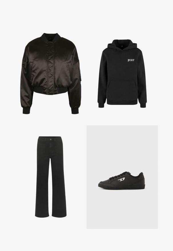 Veste bomber en satin noir avec un design court, des poignets côtelés et une poche latérale zippée ; présente des détails matelassés au centre.; Sweatshirt à capuche noire en coton, doté d'une poche avant et d'un texte "paix" en blanc dans une police stylisée sur le côté gauche de la poitrine.; Jean large noir en denim, avec fermeture à bouton, cinq poches, et une texture lisse d'une couleur uniforme.; Baskets noires en matériau synthétique lisse, avec un design à basse coupe, un bout rond, une fermeture à lacets sur le devant et un détail discret de logo sur le côté.