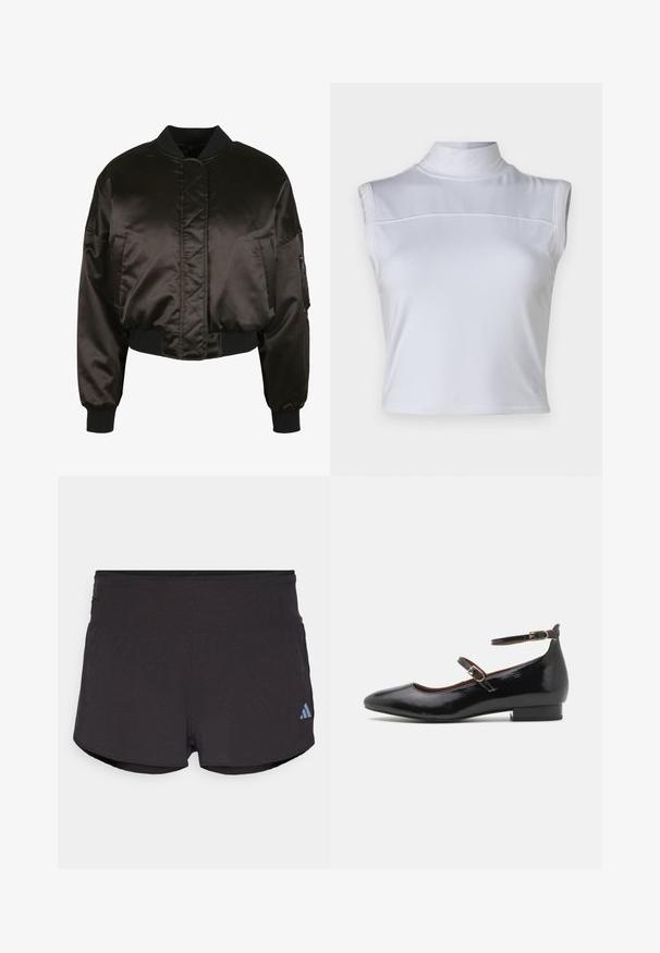 Sort satin bomberjakke med en cropped design, ribbestrikkede manchetter og en lynlåslomme på siden; har quiltede detaljer i midten.; Hvid ærmeløs top med høj hals, glat tekstur og cropped design. Har en vandret søm tværs over brystet.; Sorte træningsshorts med en tekstureret overflade, der har en bred elastisk talje og et Adidas-logo i lyseblå på nederste venstre side.; Sorte patenterede læder Mary Jane-sko med spids tå, ankelrem og lille blokhæl. har guld-tone hardware accenter.