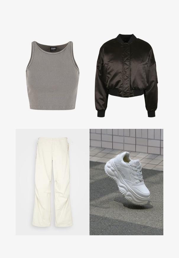 Veste bomber en satin noir avec un design court, des poignets côtelés et une poche latérale zippée ; présente des détails matelassés au centre.; Urban Classics CROPPED - Débardeur - steelgrey; BDG Urban Outfitters BAGGY - Pantalon classique - cream; Baskets blanches en cuir avec une semelle épaisse, des détails texturés et un système de laçage. Présente des accents moulés et une finition lisse.