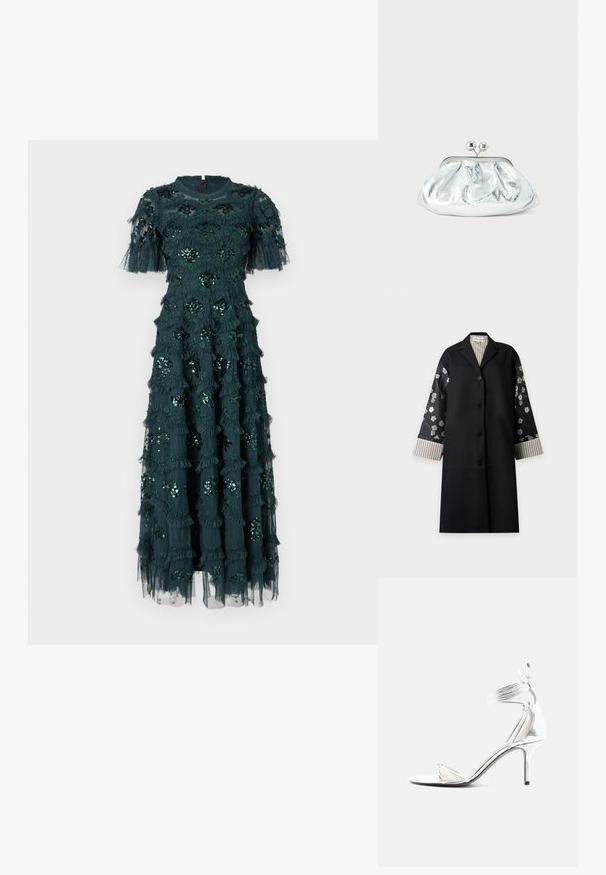 Long manteau noir avec manches à motifs floraux, fermeture boutons sur le devant, et doublure intérieure rayée aux poignets et au col par Stine Goya.; Robe vert foncé à manches courtes, ornée de volants superposés et de décorations florales en sequins. Mi-longue, en tissu doux avec un superposé transparent.; Sandale à talon haut argentée avec fines brides, tour de cheville et talon aiguille fin sur fond blanc uni.; Petit sac pochette métallique argenté avec un design arrondi et froncé, fermeture à clip avec deux boules argentées.