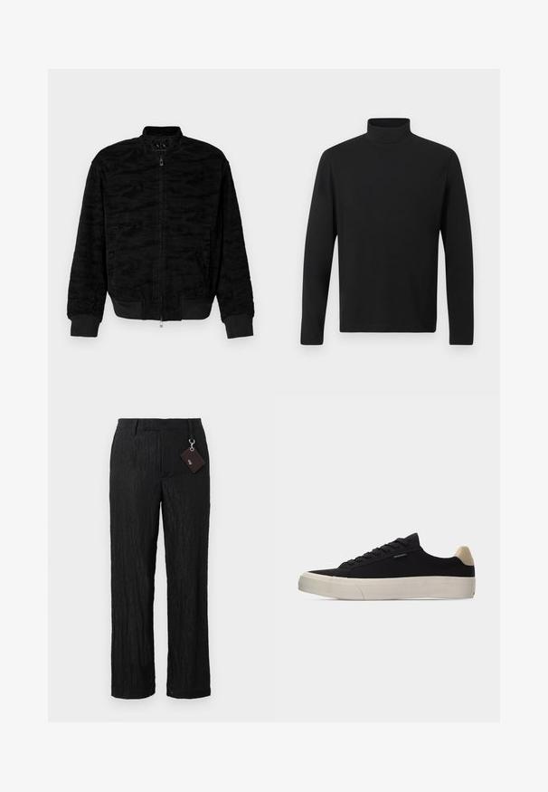 Schwarze Bomberjacke mit Reißverschluss, gerippten Bündchen und Saum, dezentem Strukturmuster und Seitentaschen, auf einem schlichten Hintergrund präsentiert.; Schwarzes Rollkragenhemd aus glattem Stoff. Hat lange Ärmel und einen hohen Kragen. Einfaches Design ohne zusätzliche Muster oder Akzente.; Schwarze, strukturierte, weit geschnittene Hose mit glatter Oberfläche und sichtbaren Nähten; inklusive eines Schildes, das mit einem silbernen Hardware-Loop befestigt ist.; Schwarzer Low-Top-Sneaker mit beigem Fersenlasche, weißer dicker Gummisohle, schwarzen Schnürsenkeln und kleinem "PS Paul Smith"-Label an der Seite.