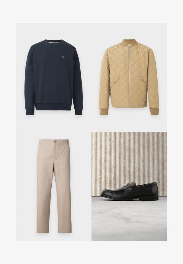Veste bomber matelassée beige clair, dotée d'un col et de poignets côtelés, d'une fermeture éclair frontale et de poches latérales en biais avec fermetures éclair métalliques.; Sweatshirt bleu marine en matériau doux, avec un col rond, des manches longues et un petit logo sur la poitrine. Design simple, sans motifs.; Pantalon en coton beige à coupe droite, avec fermeture à glissière et bouton. Texture lisse avec poches avant et design minimaliste.; Mocassin en cuir noir avec une plaque de marque en métal reposant près d'une table ronde marron sur un sol recouvert de moquette beige.