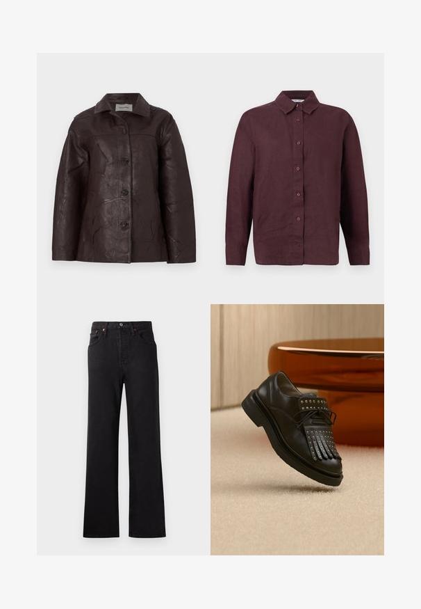 Veste en cuir marron foncé avec une texture froissée, fermetures à boutons et col, présentant une coupe droite et des détails de couture subtils.; Chemise à manches longues, boutonnée, de couleur bordeaux foncé avec un col pointu et des poignets boutonnés, présentée sur un fond blanc.; Jean en denim noir taille haute avec une jambe évasée, présentant des coutures visibles, un design à cinq poches et des accents en métal cuivré.; Chaussure en cuir noire à lacets avec franges décoratives et clous métalliques posée sur un tapis beige près d'un meuble marron.