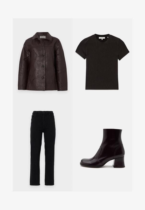 Veste en cuir marron foncé avec une texture froissée, fermetures à boutons et col, présentant une coupe droite et des détails de couture subtils.; T-shirt noir à manches courtes en tricot côtelé avec encolure ronde et étiquette de marque visible au niveau du col.; Jeans en denim noir avec des jambes droites, une taille mi-haute et cinq poches. Comprend une fermeture à bouton à l'avant et des passants de ceinture.; Bottine marron foncé brillante avec talon bloc, bout rond et finition cuir lisse, montrée de profil sur fond blanc.
