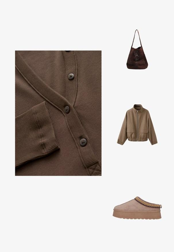 Braune karierte Jacke mit Reißverschluss, Stehkragen, elastischen Bündchen und Saum sowie zwei vorderen Klappentaschen.; Braune gerippte Strickjacke mit V-Ausschnitt, sechs Knöpfen und einer Brusttasche mit feinen Details und strukturiertem Stoff.; Braune Wildlederschlupfschuhe mit einer dicken, strukturierten Sohle, die eine kunstvolle gelbe und braune Stickerei entlang des oberen Randes aufweisen.; Braune gehäkelte Schultertasche mit offenem Muster und einem langen Riemen, aufrecht stehend vor weißem Hintergrund.