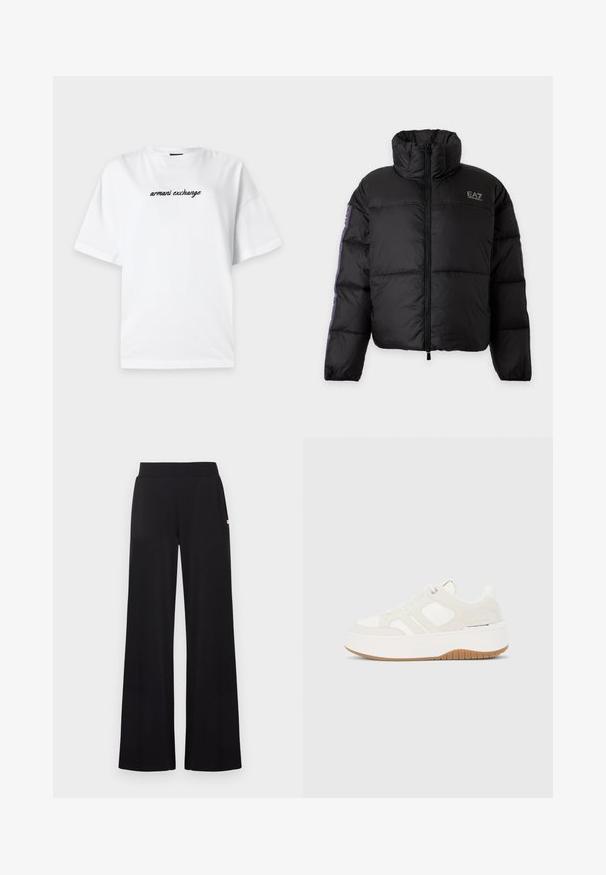 Veste matelassée noire avec col montant, fermeture éclair complète devant et logo sur la poitrine gauche, avec un détail de bande contrastante sur les manches.; T-shirt blanc à manches courtes avec le texte noir "armani exchange" centré sur la poitrine, présenté sur un fond gris clair.; Pantalon noir à jambes larges avec une taille ajustée, réalisé dans un tissu lisse. Comprend des poches latérales discrètes et des accents matériels minimalistes.; Baskets compensées blanches et beige avec lacets à l'avant, semelle en gomme, branding sur le côté et détails de panneaux cousus.