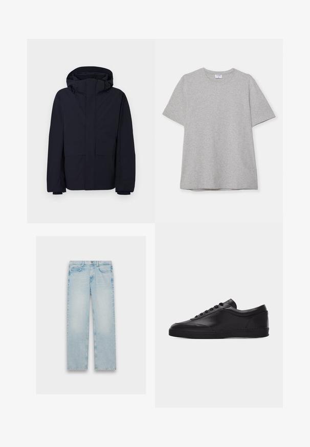 Marineblauwe parka jas gemaakt van waterbestendige stof, met een grote capuchon, ritssluiting aan de voorkant en twee grote voorzakken. Gladde textuur, losse pasvorm.; Grijze T-shirt met korte mouwen, gemaakt van zacht, textuurstof. Heeft een klassieke ronde hals en een rechte zoom, geschikt voor casual dragen.; Lichtblauwe denim jeans met een recht model, vijf zakken en een vervaagde afwerking. Metaalbeslag en gestikte details zijn zichtbaar.; Zwarte lage leren sneaker met vetersluiting aan de voorkant en een platte rubberen zool, gezien van de zijkant tegen een effen witte achtergrond.