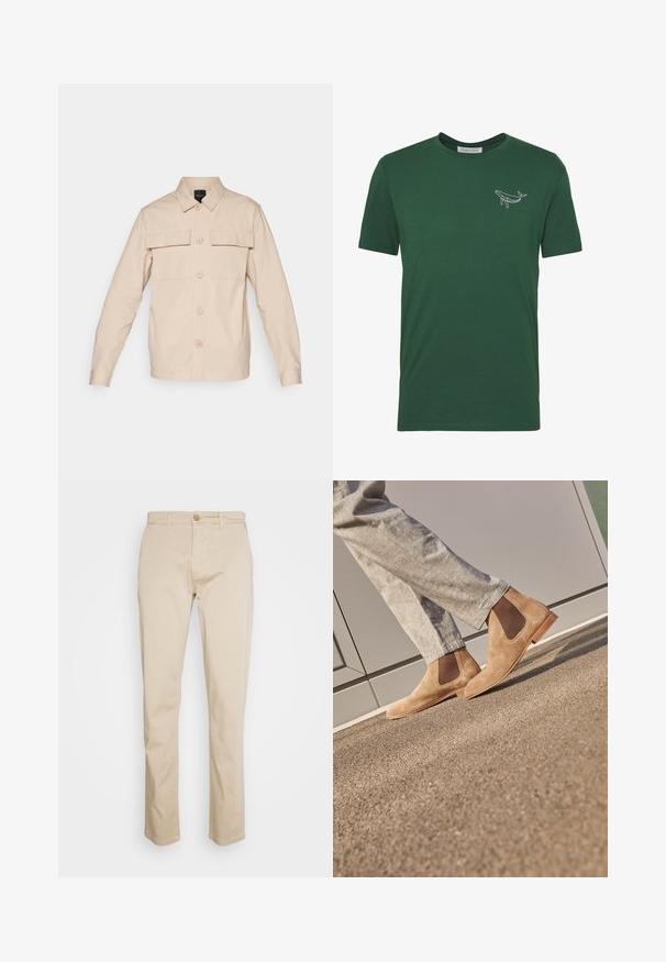 Beige knap-up skjorte lavet af letvægtsstof, med to brystlommer, en spids krave og lange ærmer med knapmanchetter.; Grøn bomulds t-shirt med korte ærmer, præget af et hvidt broderet hvaldesign på brystet og runde halsudskæring.; Beige bomulds-chinos med rette ben, forsideknaplukning, bæltestropper og en glat tekstur. Velegnede til afslappet og semi-formelt brug.; Brune ruskind Chelsea støvler med elastiske sidepaneler og en glat tan gummisål, parret med lyse grå bukser på en tekstureret overflade.