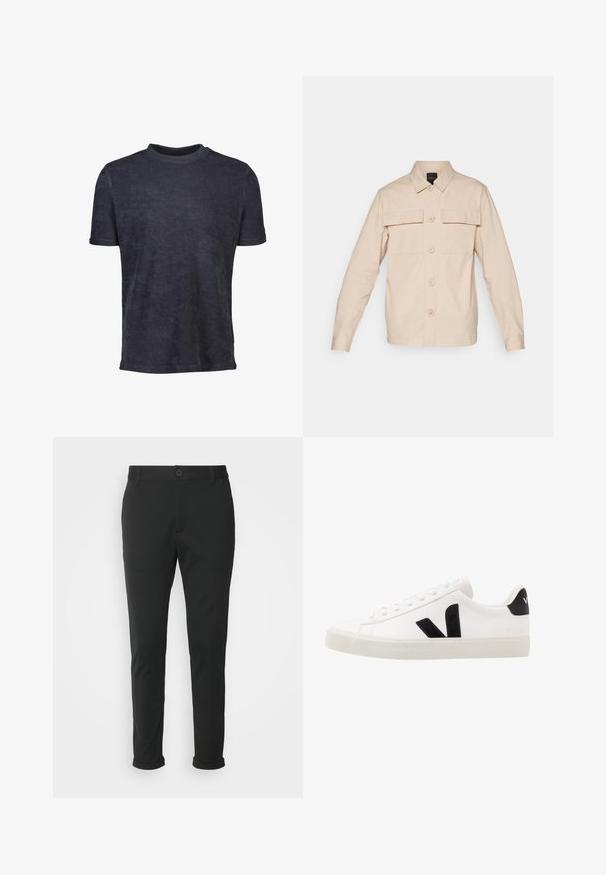 Beige Hemd mit Knöpfen aus leichtem Stoff, mit zwei Brusttaschen, einem spitzen Kragen und langen Ärmeln mit geknöpften Manschetten.; Dunkelblaues T-Shirt mit kurzen Ärmeln aus weichem Stoff. Mit Rundhalsausschnitt und glatter Textur, mit minimaler Ausstattung.; Schwarze Hose aus einem glatten Stoff mit geradem Schnitt. Besitzt einen einzelnen Knopfverschluss und umgeschlagene Bündchen.; Weiße Leder-Sneaker mit schwarzen Wildlederelementen; verfügen über eine Gummisohle, eine runde Spitze und ein klassisches Schnürdesign. Seitliches Logo in Schwarz.