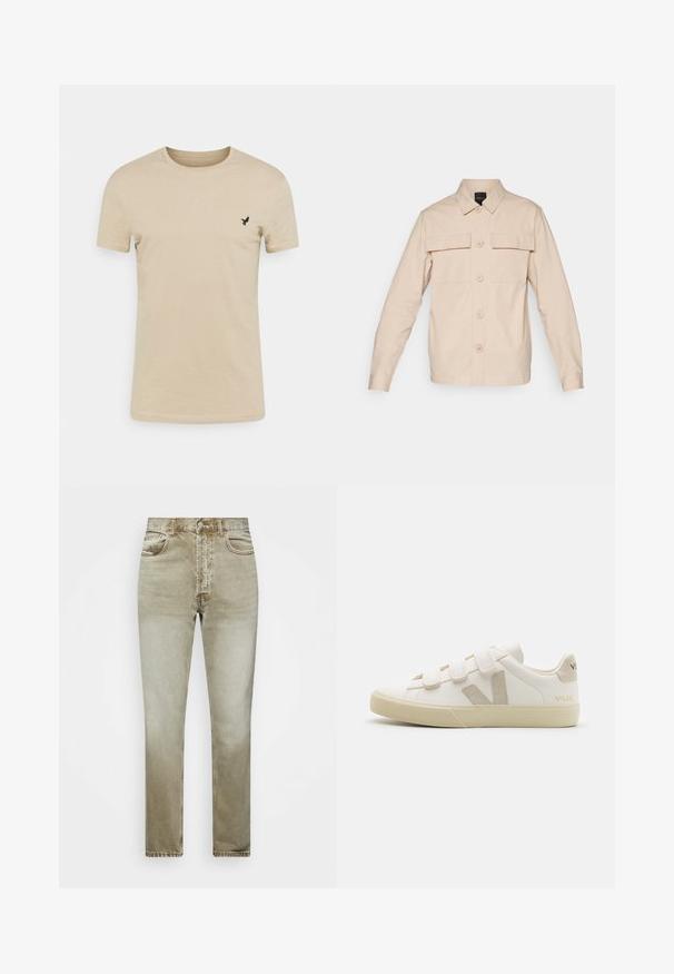 Camisa de botón beige hecha de tela ligera, con dos bolsillos en el pecho, cuello puntiagudo y mangas largas con puños abotonados.; Camiseta de manga corta beige hecha de tela suave, con un cuello redondo y un pequeño logo de un pájaro negro en la parte izquierda del pecho.; Dr.Denim DASH - Vaqueros tapered - dark emerald worn; Zapatillas de cuero blancas con correas de Velcro, acentos beige, punta redondeada, suela de goma texturizada y logo en relieve. Diseño minimalista.
