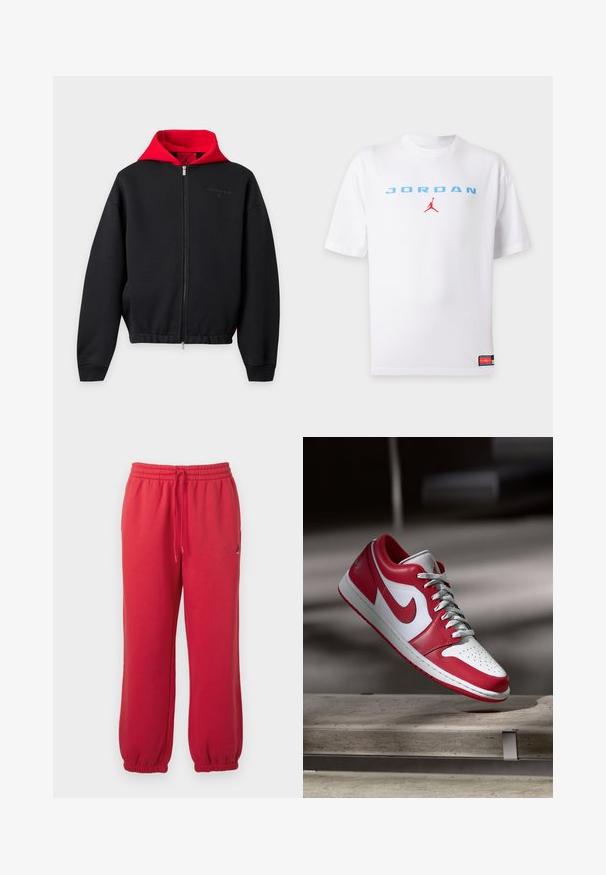 Zwarte hoodie met volledige ritssluiting, rood interieur van de capuchon, lange mouwen, voorrits en subtiel logo op de borst.; Wit T-shirt met korte mouwen met lichtblauwe tekst "JORDAN" en klein rood Jumpman-logo gecentreerd op de borst en een klein label bij de onderzoom.; Rode joggingbroek met elastische taille, trekkoord en elastische boorden, met een klein zwart Jumpman-logo op de rechterdij.; Rood-witte Nike sneakers zweven boven een stenen bank in een zacht verlichte binnenruimte.