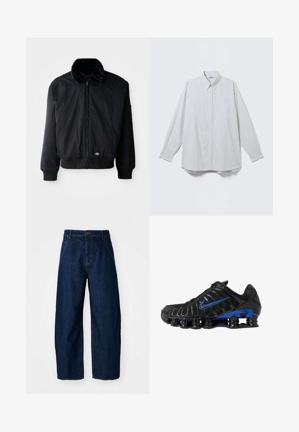 Schwarze Bomberjacke mit einem mit Fell gefütterten Kragen, Reißverschluss, gerippten Bündchen und Saum, ausgestattet mit zwei Seitentaschen und einem kleinen Logo nahe dem Saum.; Weißes, langärmliges Hemd mit Knopfleiste, dünnen schwarzen vertikalen Streifen und einer Brusttasche, flach auf hellem Hintergrund liegend dargestellt.; Hellebeine Jeans aus dunklem Denim mit hoher Taille, fünf Taschen, vorderem Knopfverschluss und sichtbaren Nähten.; Schwarzer Sportschuh mit Obermaterial aus Mesh und glänzenden Akzenten. Verfügt über einen blauen Swoosh, einen gepolsterten Kragen und eine auffällige schwarze Gummisohle mit sichtbarem Dämpfungselement.