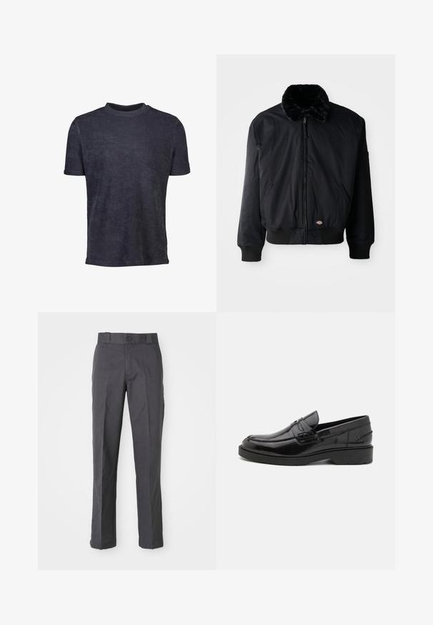 Chaqueta bomber negra con cuello forrado de piel, cierre con cremallera, puños y dobladillo acanalados, que cuenta con dos bolsillos laterales y un pequeño logo cerca del dobladillo.; Camiseta de manga corta azul oscuro hecha de una tela suave. Presenta un cuello redondo y una textura lisa, con un diseño minimalista.; Pantalones oscuros de algodón con un diseño de pierna recta, bolsillos delanteros y un cierre de botón en la cintura.; Mocasines de cuero negro con un acabado suave, punta redondeada, tacón bajo y costura decorativa en la parte delantera. Suela de goma para mayor agarre.