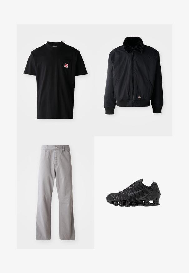 Schwarze Bomberjacke mit einem mit Fell gefütterten Kragen, Reißverschluss, gerippten Bündchen und Saum, ausgestattet mit zwei Seitentaschen und einem kleinen Logo nahe dem Saum.; Schwarzes Baumwoll-T-Shirt mit rundem Halsausschnitt, kurzen Ärmeln und einer linken Brusttasche, die mit einem roten Herz-Patch und weißem Text versehen ist.; Graue Baumwollhosen mit geradem Bein, ausgestattet mit einem vorderen Knopfverschluss und Gürtelschlaufen. Glatte Textur und minimale Details.; Schwarze Sportschuhe aus Mesh- und synthetischen Materialien mit einem markanten wellenförmigen Design, schwarzer Gummisohle und reflektierenden Akzenten.
