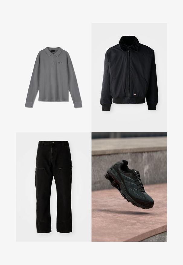 Chaqueta bomber negra con cuello forrado de piel, cierre con cremallera, puños y dobladillo acanalados, que cuenta con dos bolsillos laterales y un pequeño logo cerca del dobladillo.; Polo de manga larga en tela a rayas gris. Cuenta con un cuello, placa de tres botones y un discreto logotipo negro en el pecho.; Pantalones cargo de mezclilla negros con un ajuste relajado, que cuentan con dos bolsillos frontales, bolsillos laterales y detalles de costura visibles.; Zapatilla deportiva negra con entresuela visible con amortiguación de aire que flota sobre una superficie de piedra rosa con un fondo de pared de piedra gris.
