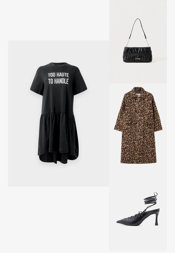 Leopardenmuster Mantel in Braun und Schwarz, mit einem doppelt geknöpften Design, eingekerbtem Kragen und zwei Fronttaschen. Weicher Stoff.; Schwarzes T-Shirt-Kleid mit kurzen Ärmeln, schwingendem Saum, gerafftem Rock und weißen Schriftzug "TOO HAUTE TO HANDLE" auf der Vorderseite. Baumwollstoff.; Schwarzer spitz zulaufender High Heel mit Wickelriemen um den Knöchel und mehreren Ösen entlang der Vorderseite zum Schnüren.; Schwarze Lederhandtasche mit gerafftem Leder, goldenem Kettenriemen und "Love Moschino" Logo-Plakette mittig auf der Vorderseite.