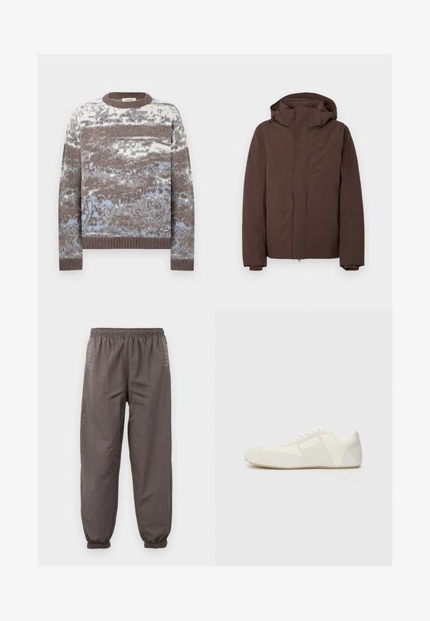 Brun dunjakke med høj krave og hætte, med to store forlommer foran og lynlås. Fremstillet af vejrbestandigt materiale.; Strikket sweater med et flerfarvet mønster i brune og blå nuancer. Rund halsudskæring med ribbet kant ved ærmer og bund. Blød tekstur.; Mørkegrå, elastiske bukser med en afslappet pasform. Har samlede manchetter og subtil broderi på siderne. Letvægtsstof.; Hvid sportsko med et slankt design, der har en splitlæder tåkap, læderpaneler og kontrasterende teksturerede detaljer. Flad gummisål.