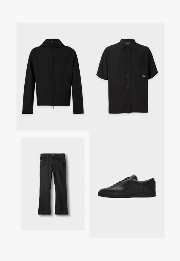 Chaqueta negra con cremallera, mangas largas y capucha, mostrada plana sobre un fondo blanco.; Camisa negra de manga corta con botones, cuello y bolsillo en el pecho con una pequeña etiqueta de logo metálica rectangular.; Vaqueros de mezclilla negros con piernas rectas, bolsillos delanteros y bajos sin rematar con flecos, colocados planos sobre un fondo claro.; Zapatilla baja negra de cuero con cordones en la parte delantera y suela plana de goma, mostrada de perfil sobre un fondo blanco liso.