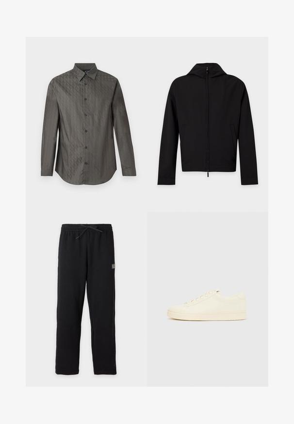 Veste noire zippée à manches longues avec une capuche, présentée à plat sur fond blanc.; Chemise à manches longues gris foncé avec un motif géométrique discret en relief sur toute la surface et un col classique, présentée sur un fond blanc.; Pantalon de survêtement noir avec taille élastique et cordon, avec un petit patch logo EA7 rectangulaire sur la partie supérieure de la cuisse gauche.; Baskets couleur crème avec une tige en cuir lisse, bout arrondi, laçage à l'avant et semelle en caoutchouc texturée. Design minimaliste, sans logo.
