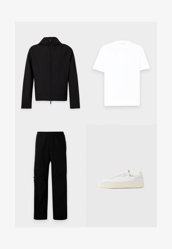Zwarte jas met ritssluiting, lange mouwen en capuchon, plat afgebeeld tegen een witte achtergrond.; Witte katoenen t-shirt met een ronde hals, korte mouwen en een relaxte pasvorm. Gladde textuur, minimale details en geen patronen of graphics.; Zwarte fleece broek met een elastische tailleband en rechte pijpen. Gedeelte textuur zonder zichtbare patronen of hardware.; Witte sneaker met een bovenwerk van gestructureerd suède en leer. Voorzien van een afgeronde neus, vetersluiting en een contrasterende beige rubberen zool.